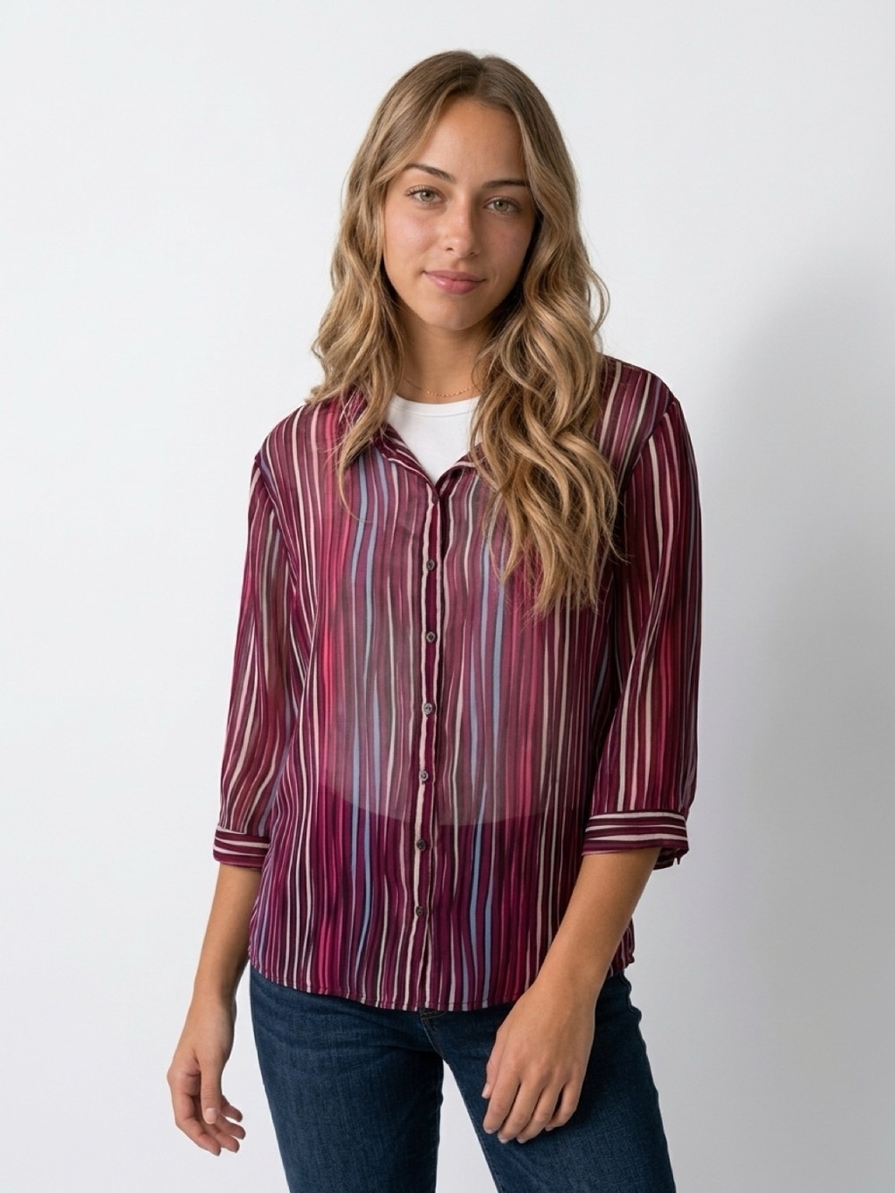 Attention Plus Women's 1X Striped Button-Up Blouse Multicolor 3/4 Sleeve